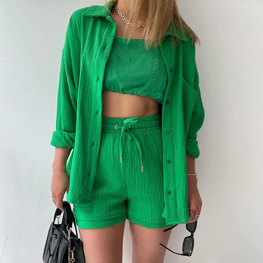 Women's Wrinkled Lapel Long-sleeved Shirt High-waist Drawstring Shorts Commuter Fashion Casual Two-piece Set