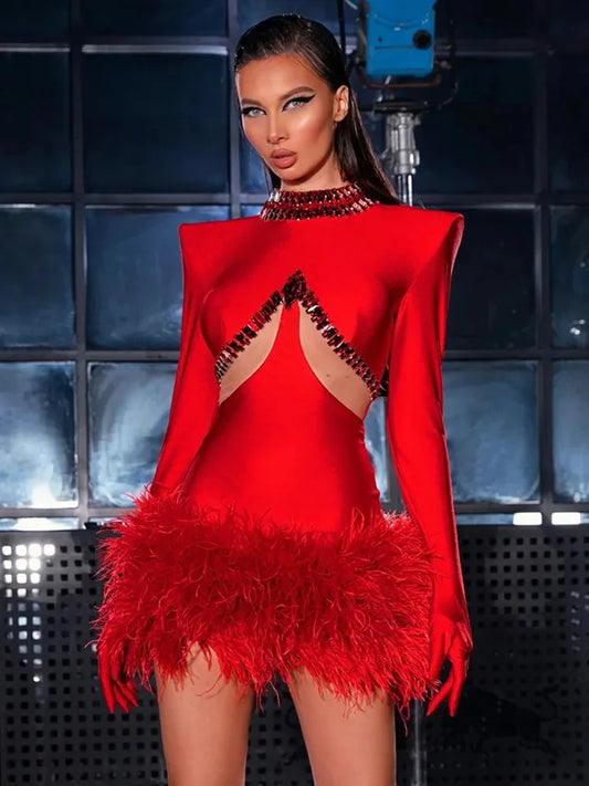 Women Luxury Sexy Long Sleeve Beading Feather Red Mini Bandage Celebrity Dress