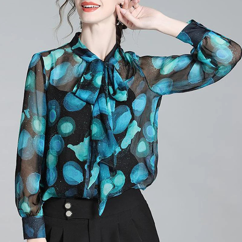 Print Bow Lace Up Luxury Designer Button Up Shirt