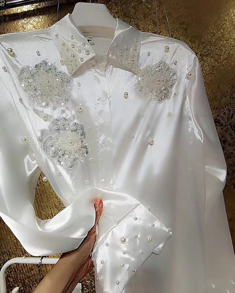 Luxury Style Peals Beaded Sequined Stitch White Blouses Shirts For Women