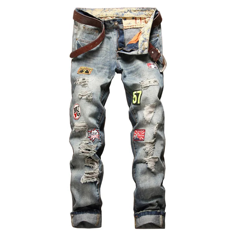 New Men's Hip Hop High Street Motorcycle Jeans Badge Distressed Ripped Denim Trousers Male