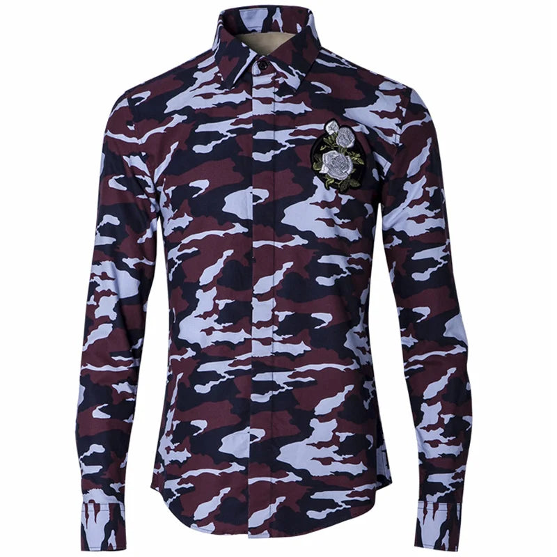 Camouflage Long Sleeve Men Shirts Elegant Slim Fit