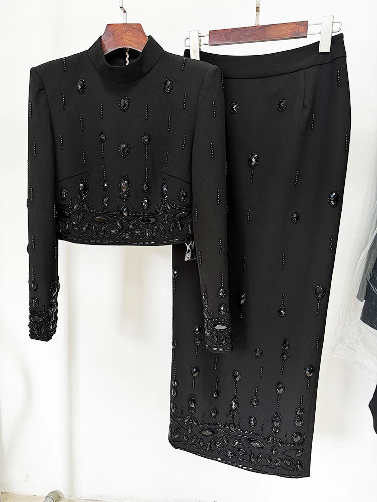 Runway Suit Set Women's Stand Collar Zip Back Cropped Tops Long Skirt Set 2pcs