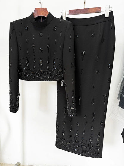 Runway Suit Set Women's Stand Collar Zip Back Cropped Tops Long Skirt Set 2pcs