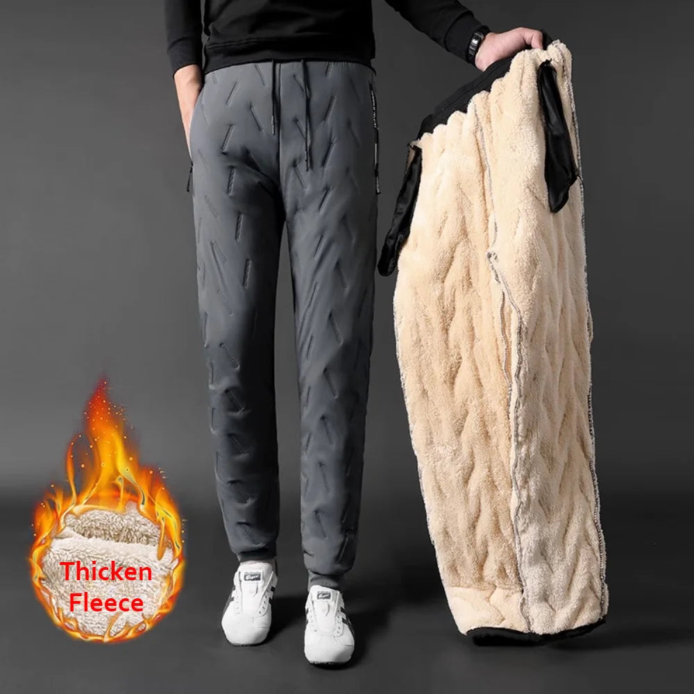 Winter Sweatwear Men Thicken Fleece Lining Sweatpant Waterproof Windproof Warm Velvet Pants