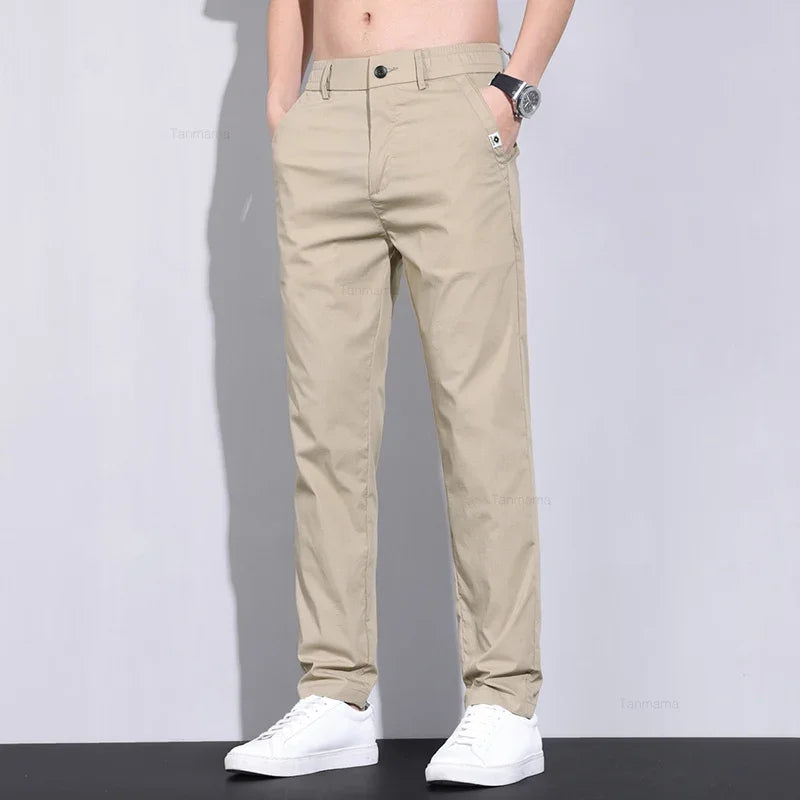 Ultra-thin Elastic Men's Casual Pants Ice Silk Cotton Fashion Slim Straight Business Trousers Black Gray Khaki