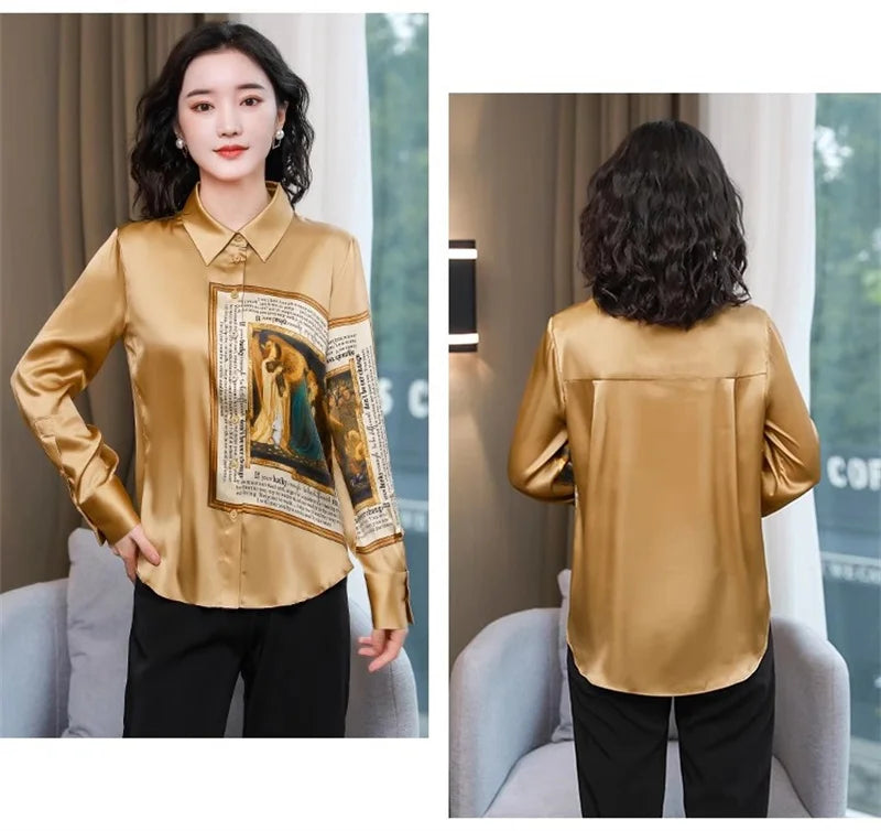 Luxury Vintage Women Brown Satin Shirts High Quality