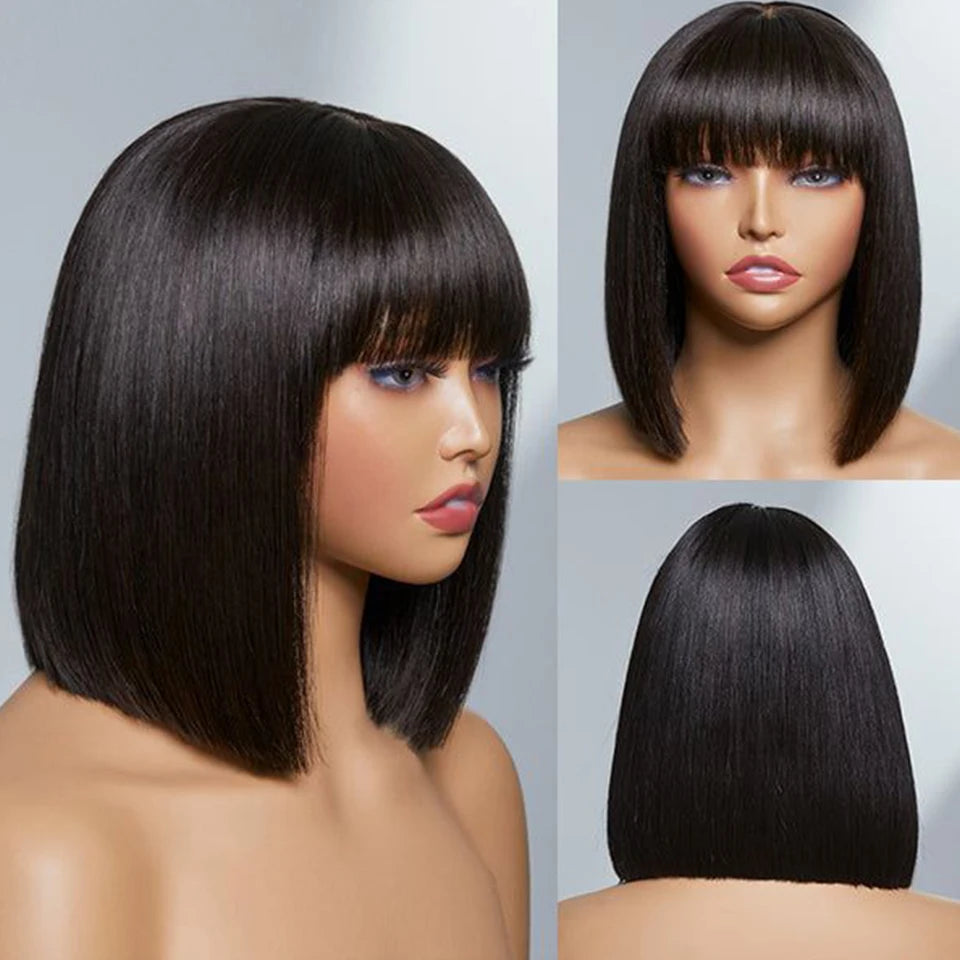 Short Bob Wig With Bangs Brazilian Remy Human Hair Wigs Full Machine Lace Realistic Scalp Glueless Straight Bob Wig