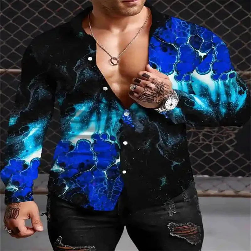 Men's Shirt 3 D Floral Pattern Lapel Long Sleeve Shirt High Quality