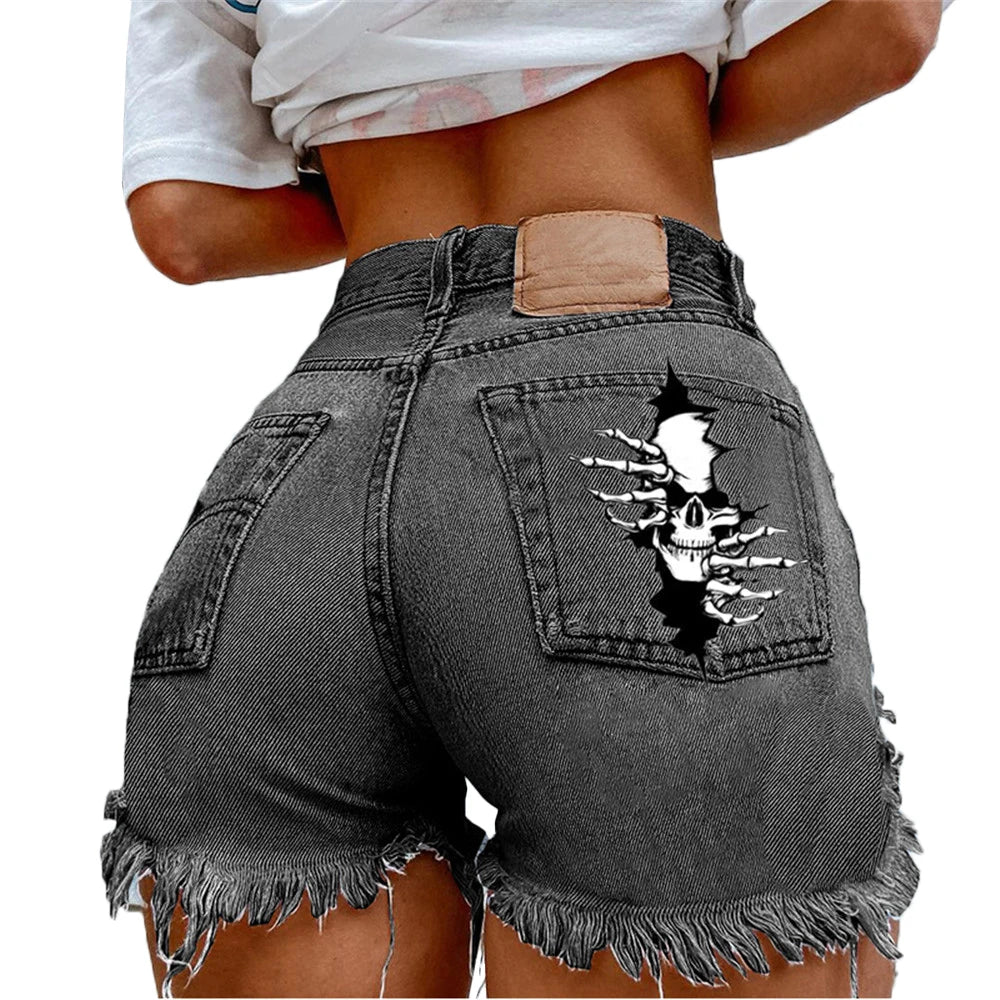 Denim Shorts Women High Street Net Red Lips Printed Jean Shorts