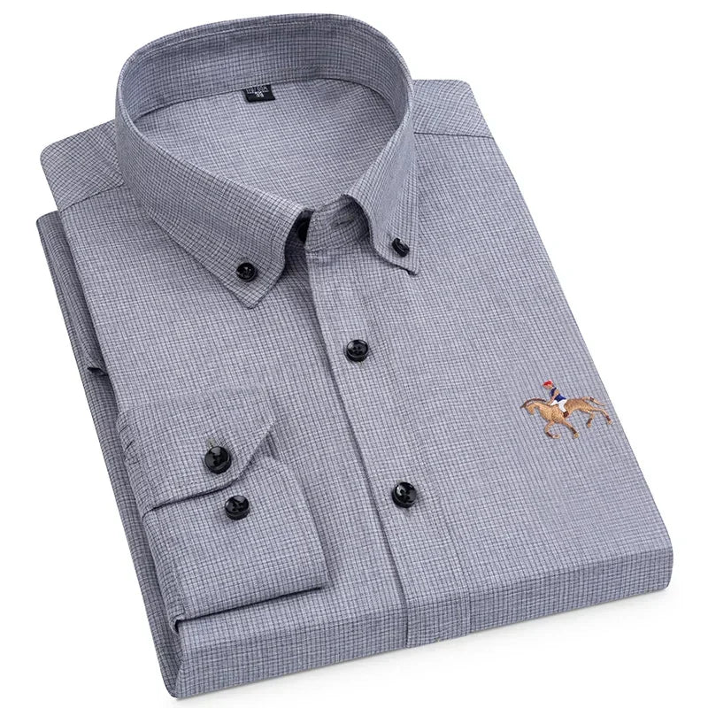 Non-iron Horse Embroidery Solid Soft Wrinkle  Ice Slik Men's Shirt Long Sleeve England StyleSlim Fit