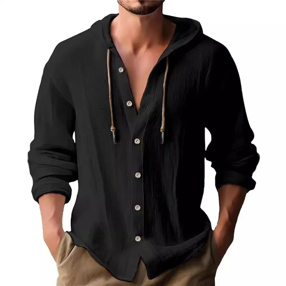 Men's Cotton Linen Shirts Long Sleeve Hooded Cardigan