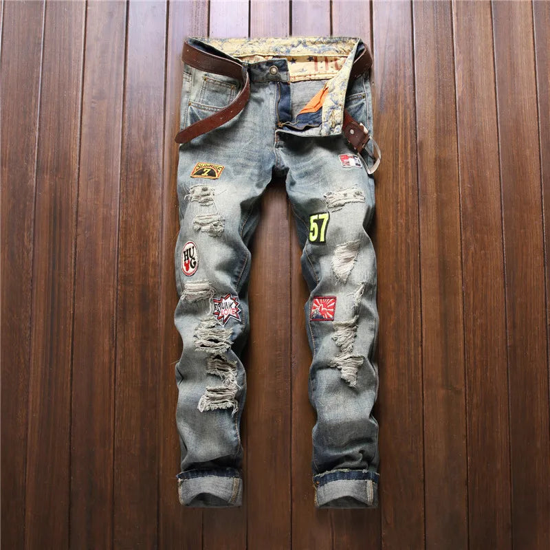 New Men's Hip Hop High Street Motorcycle Jeans Badge Distressed Ripped Denim Trousers Male