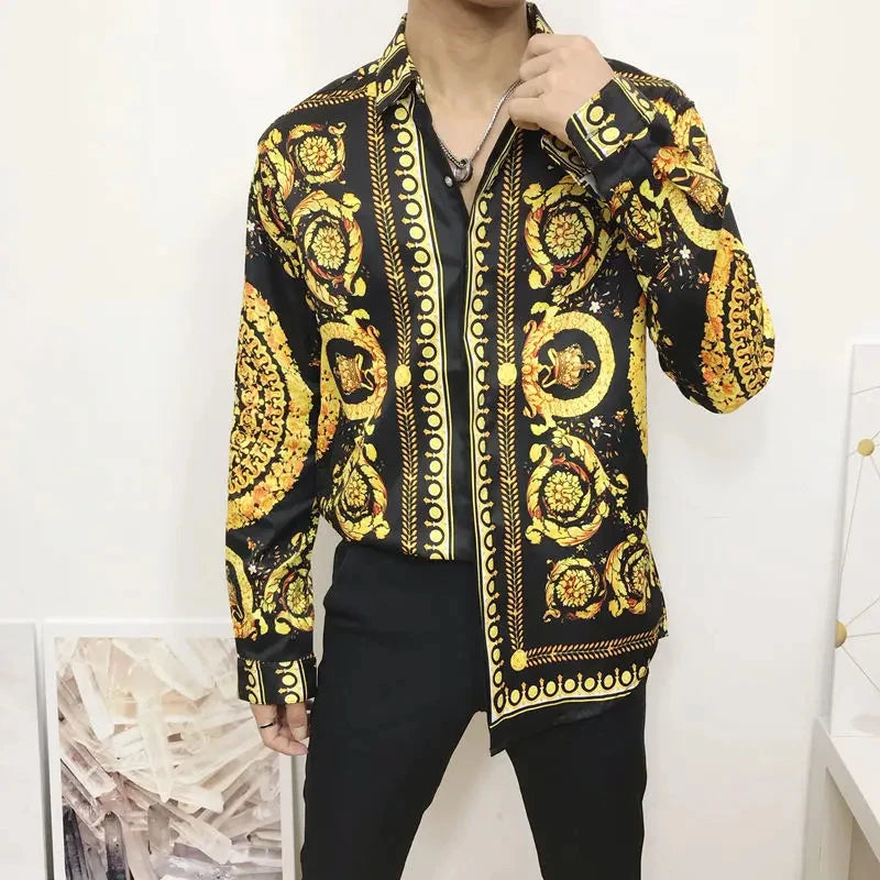 3D Baroque Long Sleeve Luxury Social Shirt V-neck Oversized Shirt