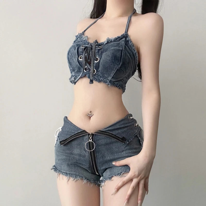 Sexy denim vest shorts set