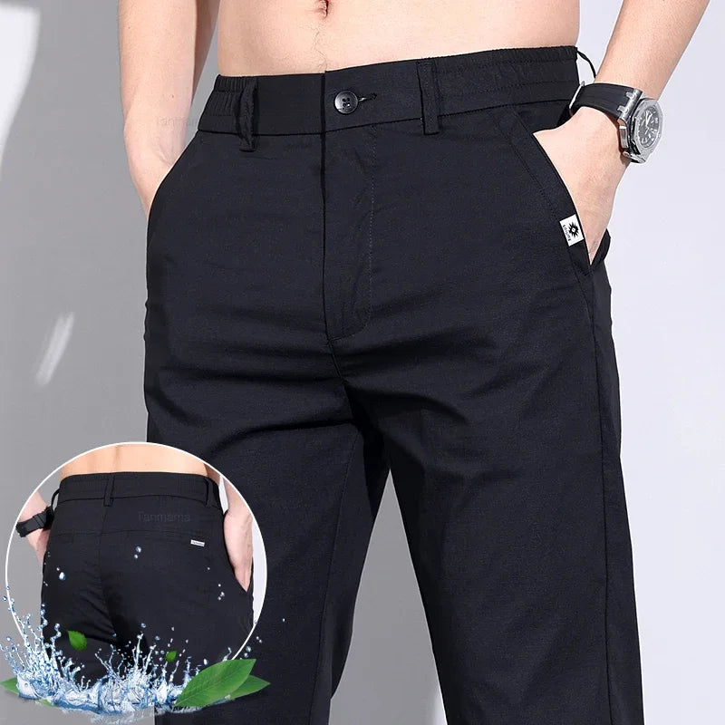 Ultra-thin Elastic Men's Casual Pants Ice Silk Cotton Fashion Slim Straight Business Trousers Black Gray Khaki