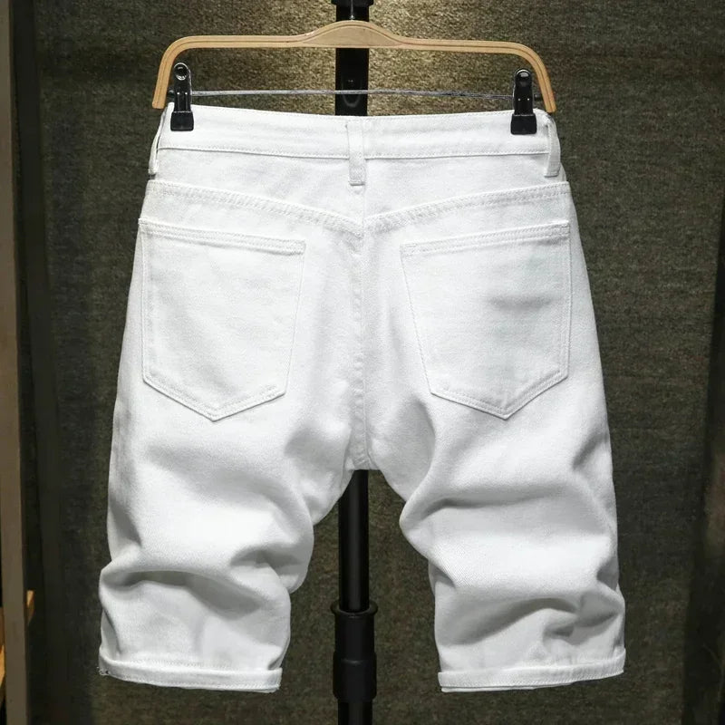 New Men's Simple Jeans Shorts White Black Street Wear Fashionable Ripped Knee-length Non-elastic Slim Casual Shorts Male