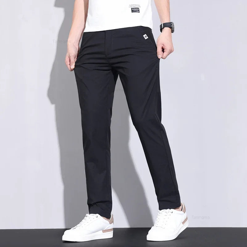 Ultra-thin Elastic Men's Casual Pants Ice Silk Cotton Fashion Slim Straight Business Trousers Black Gray Khaki