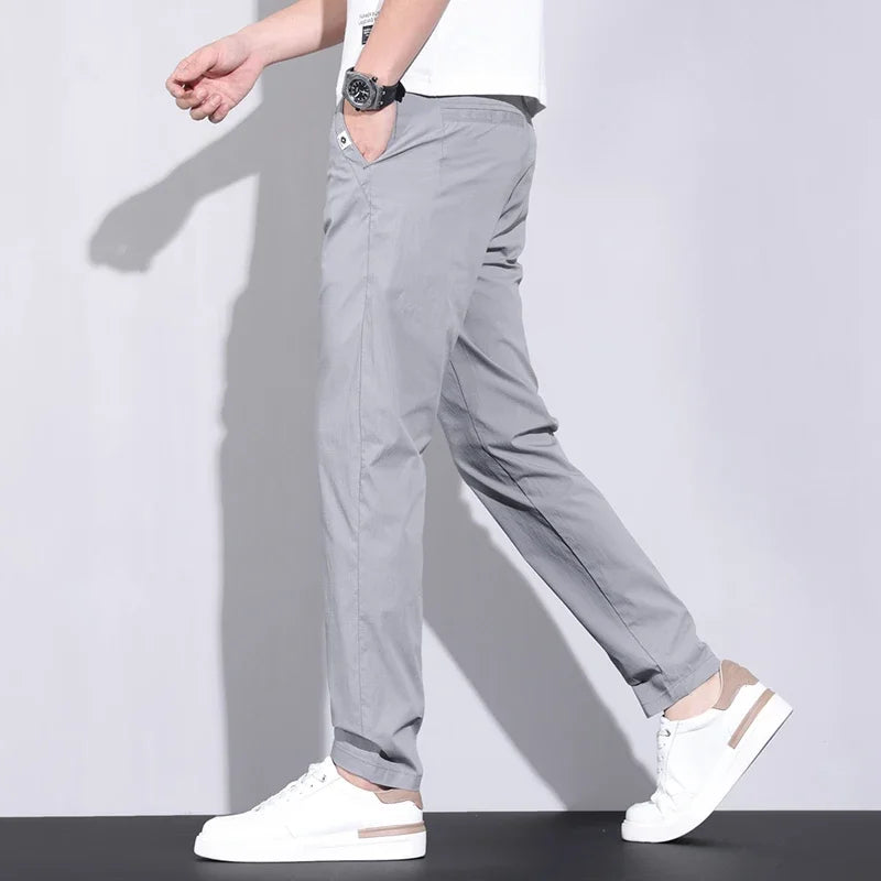 Ultra-thin Elastic Men's Casual Pants Ice Silk Cotton Fashion Slim Straight Business Trousers Black Gray Khaki