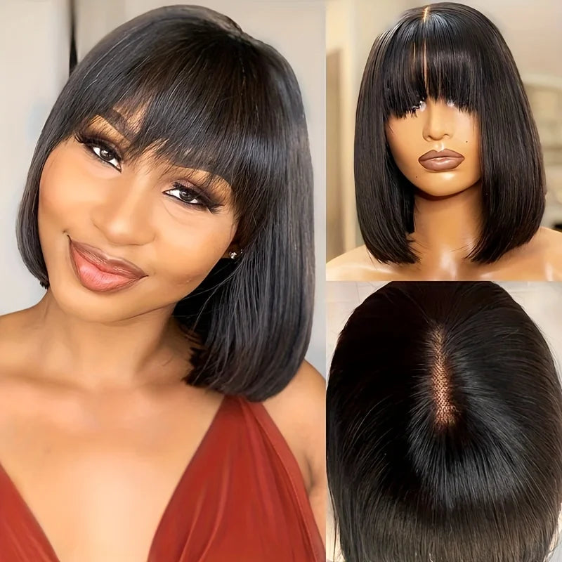 3x1 HD Lace Middle Part Straight Bob Human Hair Wigs With Bang Virgin Full Machine Made Wigs Short Bob Brazilian Human Hair Bob