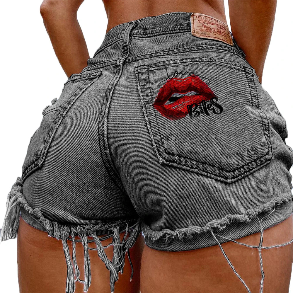 Denim Shorts Women High Street Net Red Lips Printed Jean Shorts