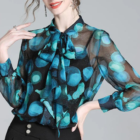 Print Bow Lace Up Luxury Designer Button Up Shirt