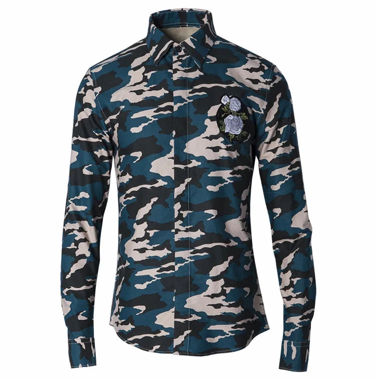 Camouflage Long Sleeve Men Shirts Elegant Slim Fit