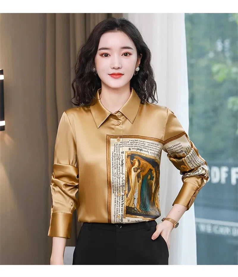 Luxury Vintage Women Brown Satin Shirts High Quality