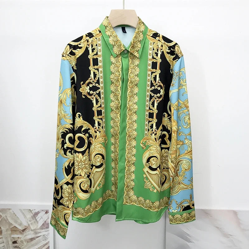 3D Baroque Long Sleeve Luxury Social Shirt V-neck Oversized Shirt