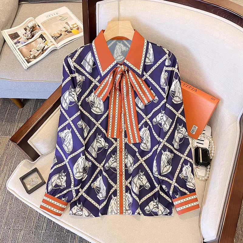 Luxury Brand Silk Shirt Check Equestrian Print Horse Blouse