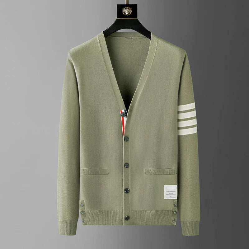 High end brand knitted cardigan men's spring and autumn new classic stripe casual side slit V-neck sweater coat