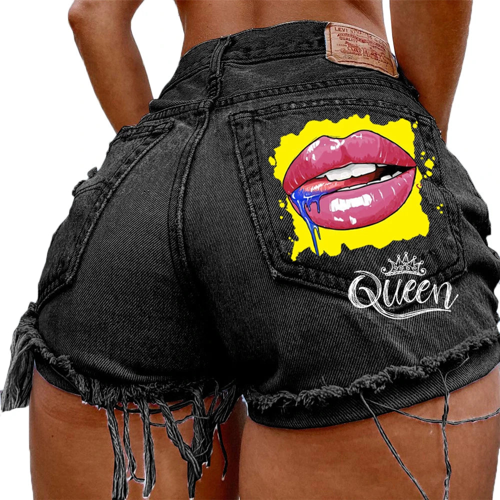 Denim Shorts Women High Street Net Red Lips Printed Jean Shorts