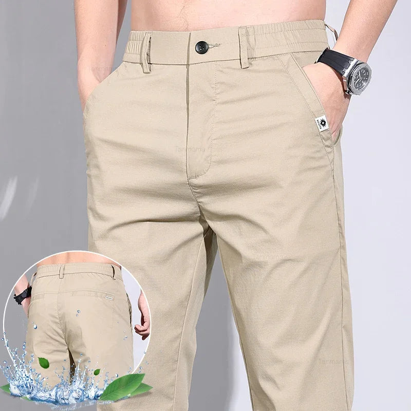 Ultra-thin Elastic Men's Casual Pants Ice Silk Cotton Fashion Slim Straight Business Trousers Black Gray Khaki