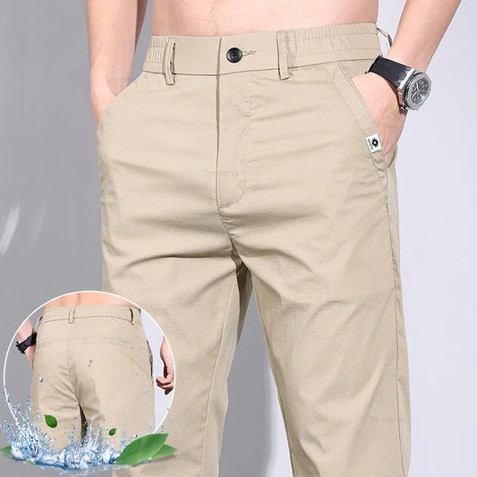 Ultra-thin Elastic Men's Casual Pants Ice Silk Cotton Fashion Slim Straight Business Trousers Black Gray Khaki