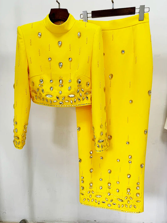 Runway Suit Set Women's Stand Collar Zip Back Cropped Tops Long Skirt Set 2pcs