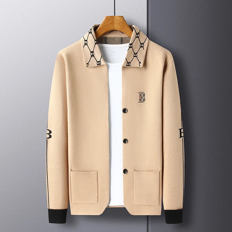 High end brand long sleeved men's lapel knitted cardigan