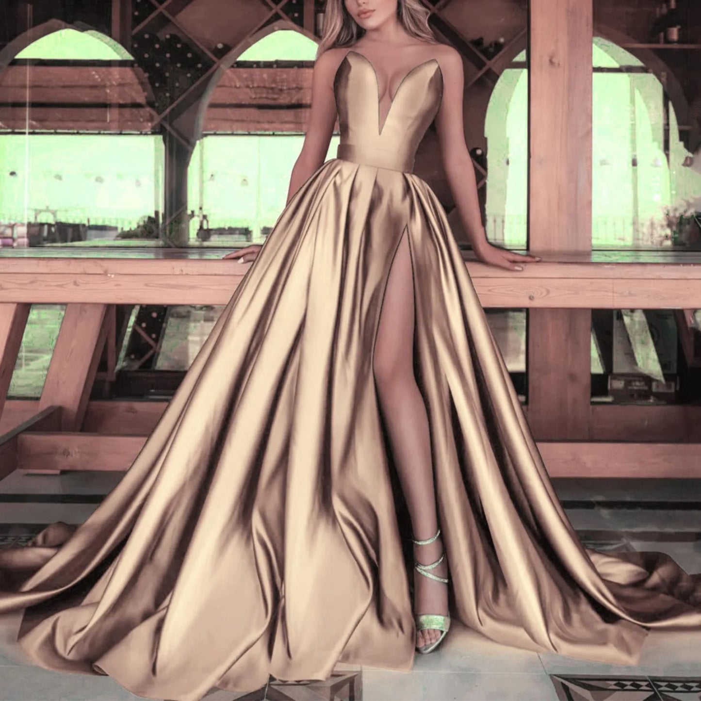 Evening Dress Women Elegant Satin Sleeveless Off The Shoulder