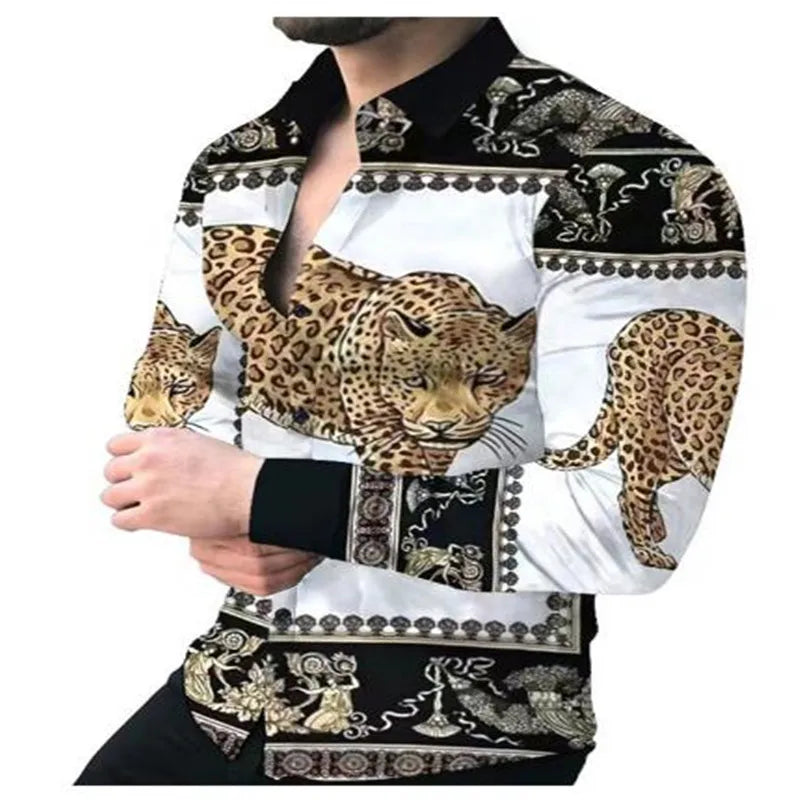 Men's social shirt Casual Leopard Chain Print Long Sleeve