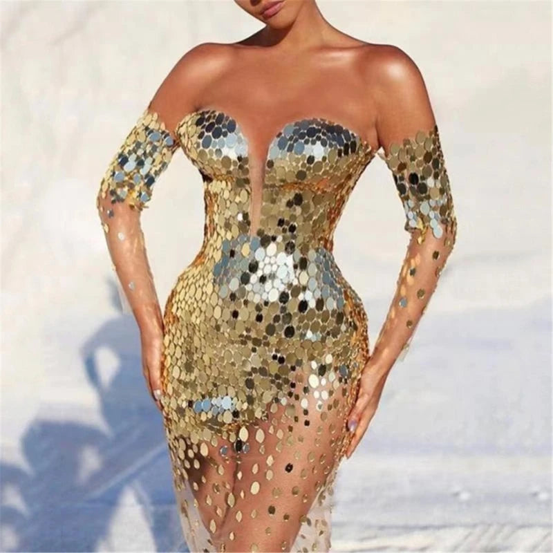 Long Sleeve Bare Shoulder Glitter Sequined Dress See Through Bodycon  Cocktail Party Dress