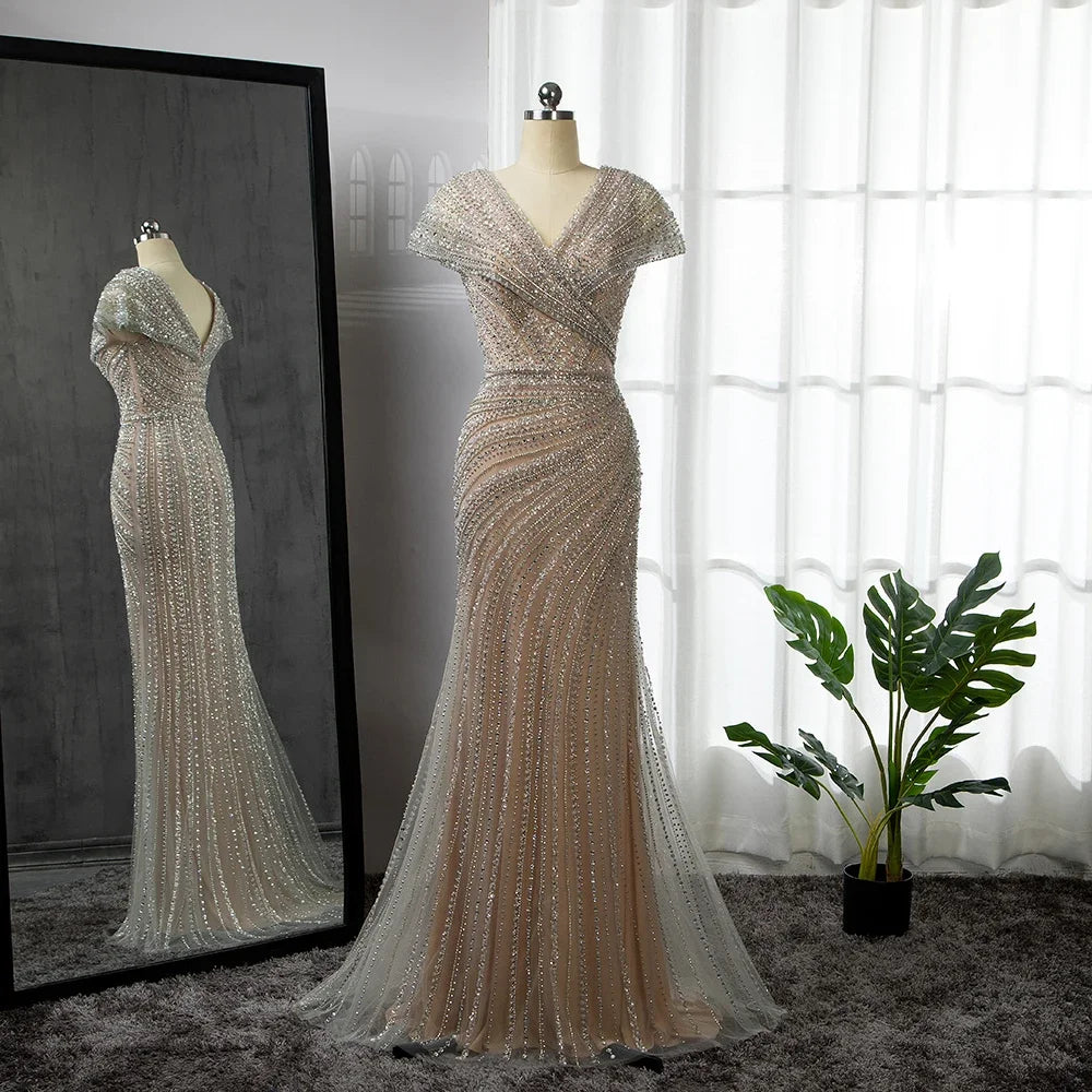 Serene Hill Silver Mermaid Elegant Evening Gowns Beaded Luxury Sparkle