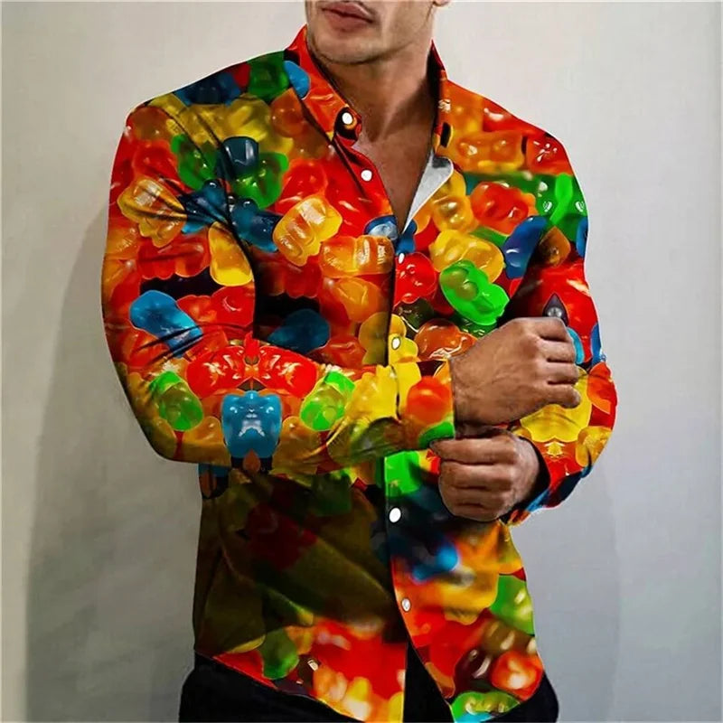 Men's Shirt 3 D Floral Pattern Lapel Long Sleeve Shirt High Quality