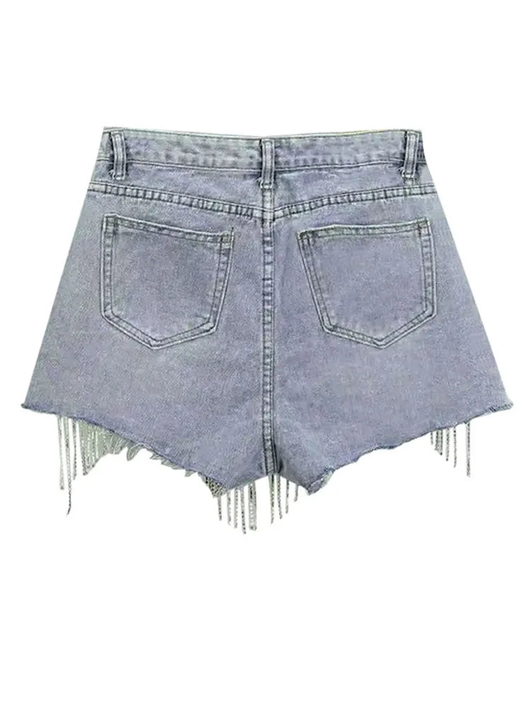 Diamond Chain Tassel Edge High Waist Straight Wide Leg Denim Shorts