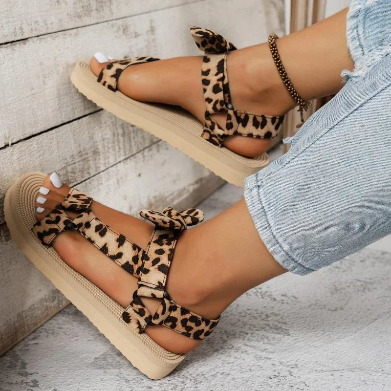 Women's Leopard Print Bow Sandals