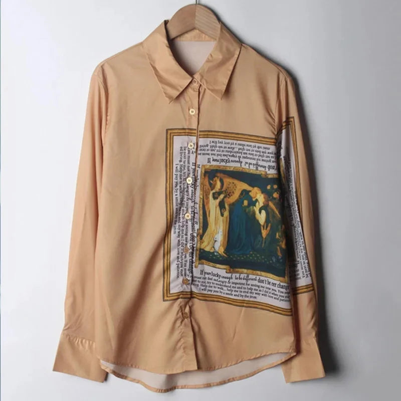 Luxury Vintage Women Brown Satin Shirts High Quality