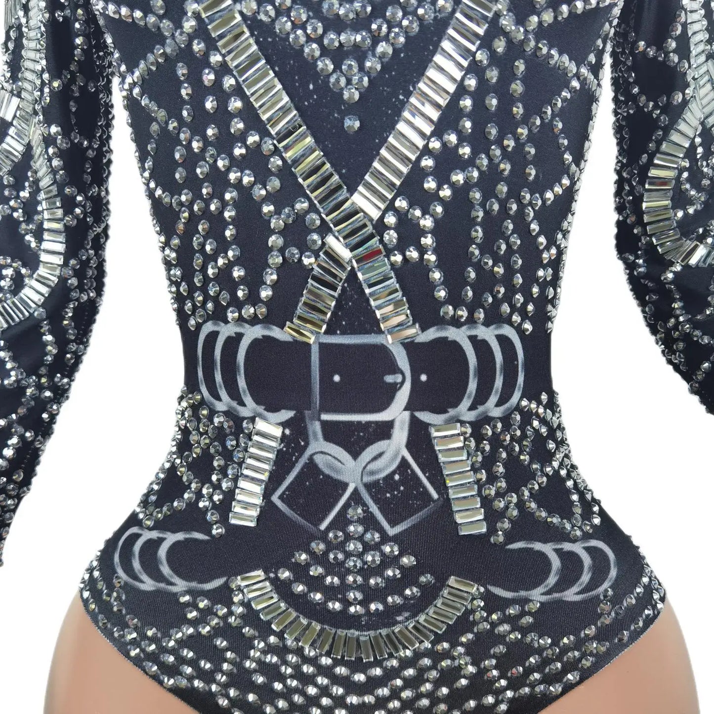 Crystals Elastic Leotard Silver Rhinestones Long Sleeve Bodysuit