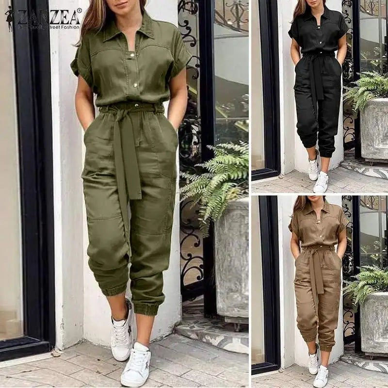 Jumpsuit Vintage Cargo Rompers Woman Lapel Neck Short Sleeve Playsuits