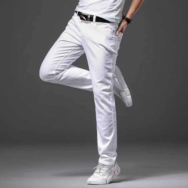 White Soft Stretch Denim Men Jeans Fashion Casual Classic Style Slim Trousers