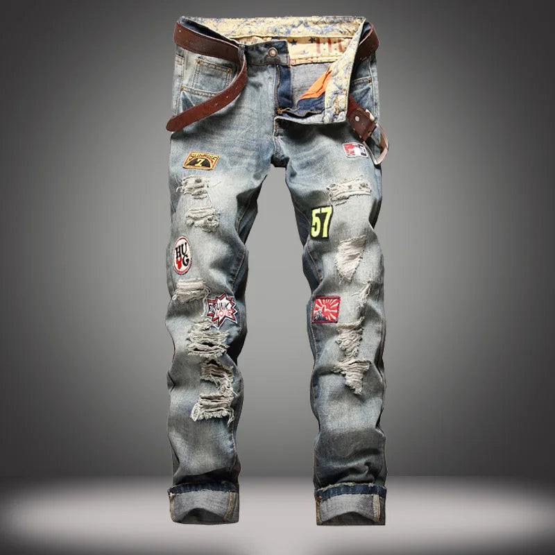 New Men's Hip Hop High Street Motorcycle Jeans Badge Distressed Ripped Denim Trousers Male