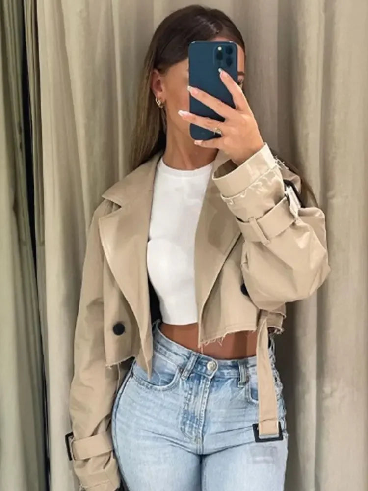 Belt Cropped Trench Spring Jacke Double Breasted