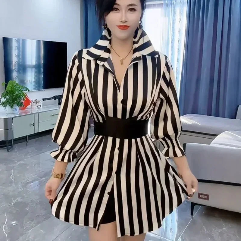 Striped High Quality Woman Long Sleeve Dress